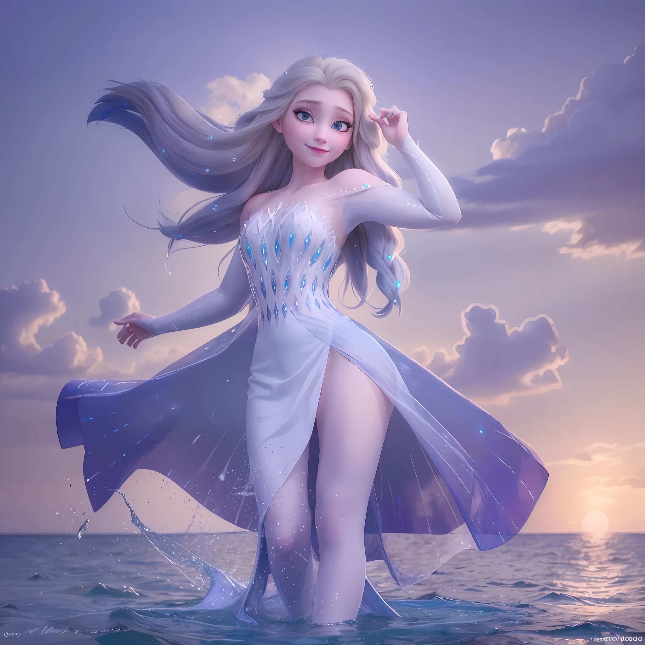 "obra maestra", mejor calidad, ultra detallado, Hermoso, Hermoso girl, pose dinámica, blue eyes, Pelo de color, ropa blanca, está en el agua, atardecer, pintura amplia, estilo acuarela", nieve_Reina_elsa