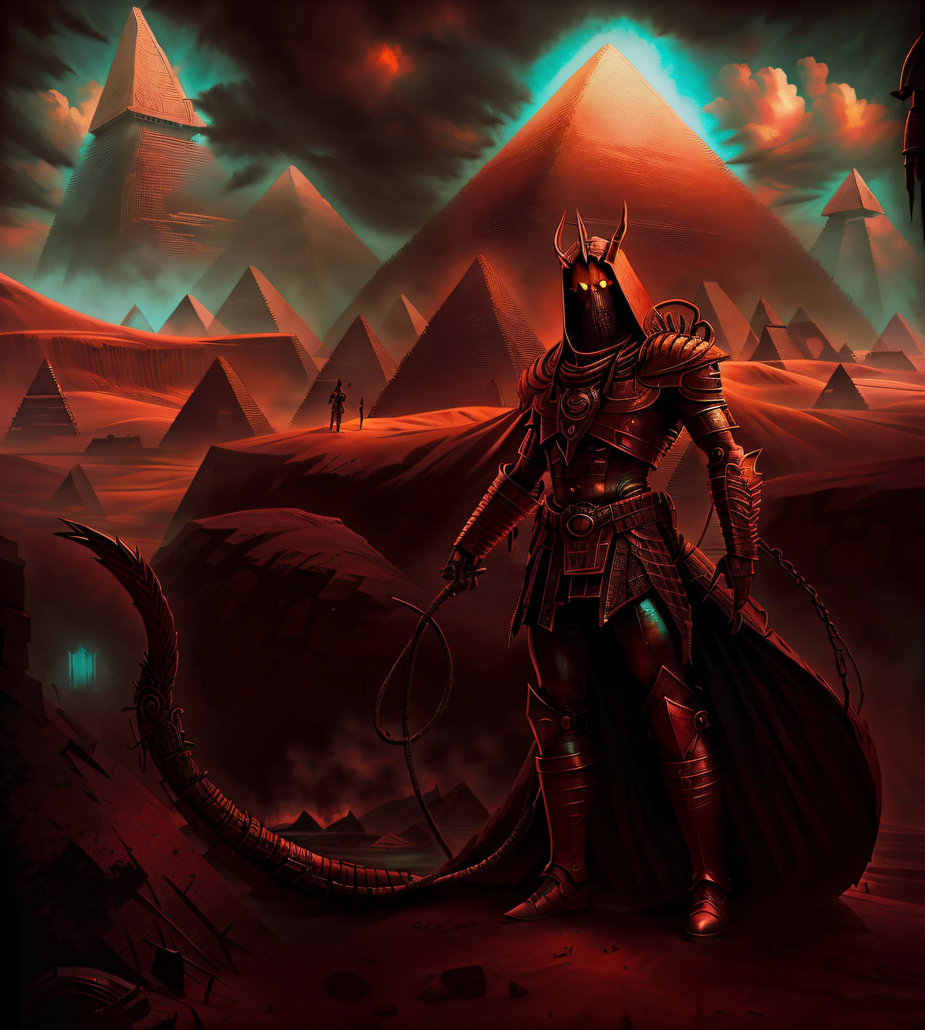 there is a man standing in front of a giant pyramid, detailed cover artwork, dark soul concept, nyarlathotep, album cover concept art, apocalypse art!!!!, shai-hulud, just art for dark metal music, dark high-contrast concept art, dark concept art, dark soul concept art, official artwork hdr
