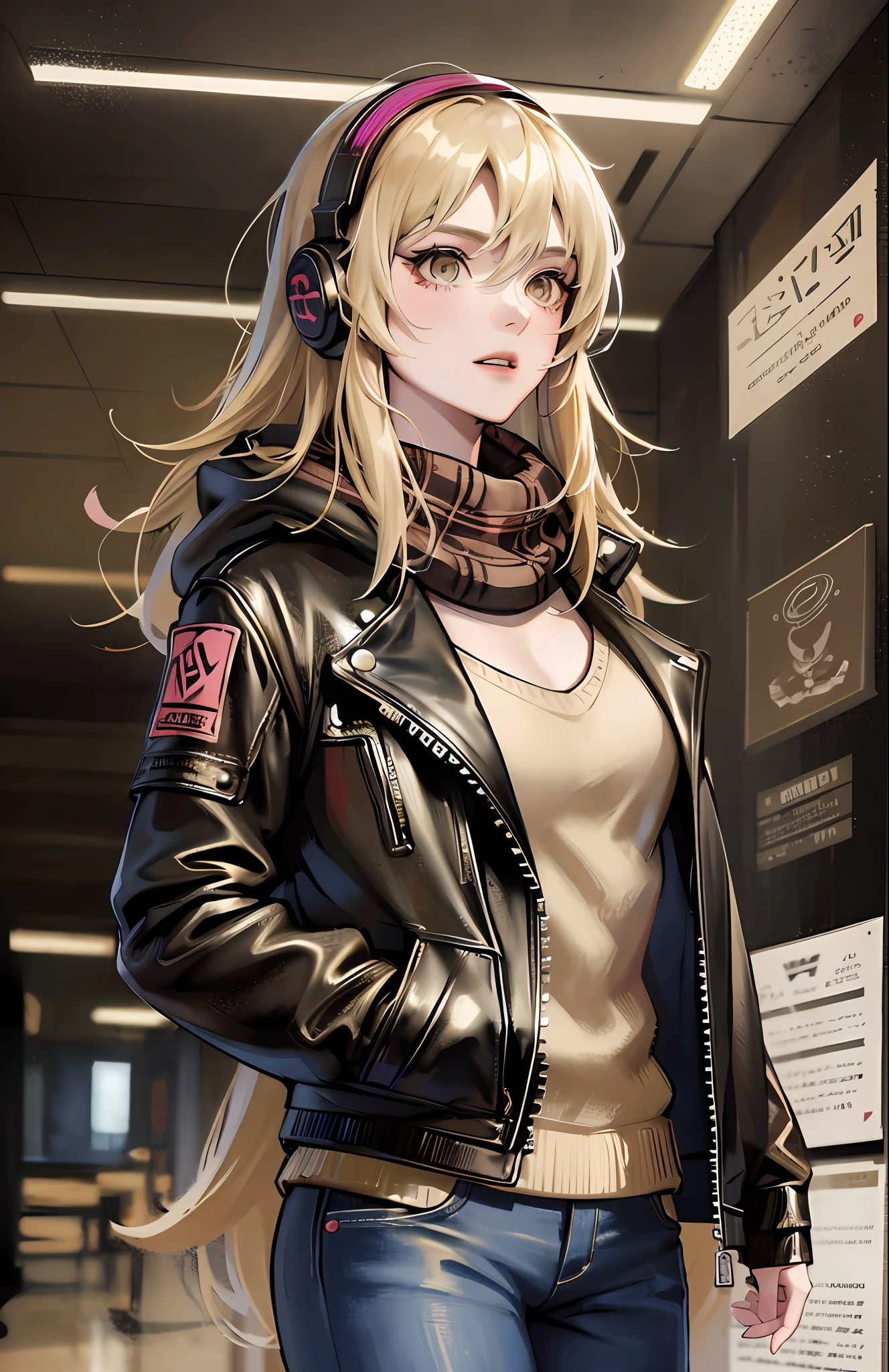 (Dark photo: 1.1), young girl, realistic epic, portrait, brown eyes, red plaid scarf, blond gold hair by Atey Ghailan, thick leather jacket with fur, black jeans, Greg Rutkowski, by Greg Tocchini, by James Gilleard, by Joe Fenton, by Kaethe Butcher, yellow gradient, black, brown and magenta color scheme, grunge aesthetic!!! Graffiti brand wall background, art by Greg Rutkowski and Artgerm, soft cinematic light, Adobe Lightroom, Photo Lab, HDR, intricate, highly detailed, (depth of field: 1, 4), faded, (neutral colors: 1, 2), (HDR: 1, 4), (soft colors:1.2), hyperdetailed, (Artstation:1.4), cinematic, warm lights, dramatic light, (intricate details:1.1), complex background, (Rutkowski:0.66), (blue and orange:0.4)