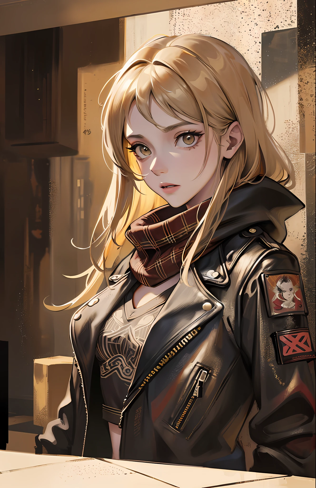 (Dark photo: 1.1), young girl, realistic epic, portrait, brown eyes, red plaid scarf, blond gold hair by Atey Ghailan, thick leather jacket with fur, black jeans, Greg Rutkowski, by Greg Tocchini, by James Gilleard, by Joe Fenton, by Kaethe Butcher, yellow gradient, black, brown and magenta color scheme, grunge aesthetic!!! Graffiti brand wall background, art by Greg Rutkowski and Artgerm, soft cinematic light, Adobe Lightroom, Photo Lab, HDR, intricate, highly detailed, (depth of field: 1, 4), faded, (neutral colors: 1, 2), (HDR: 1, 4), (soft colors:1.2), hyperdetailed, (Artstation:1.4), cinematic, warm lights, dramatic light, (intricate details:1.1), complex background, (Rutkowski:0.66), (blue and orange:0.4)