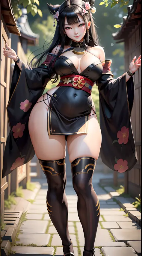 Masterpiece, maximum quality, ultra high resolution, 8k, Japanese girl (extremely beautiful), black hair, full body, very thin, detailed face, detailed eyes, mischievous smile, wide hips, thick thighs, smooth and soft pellet, wearing micro kimono