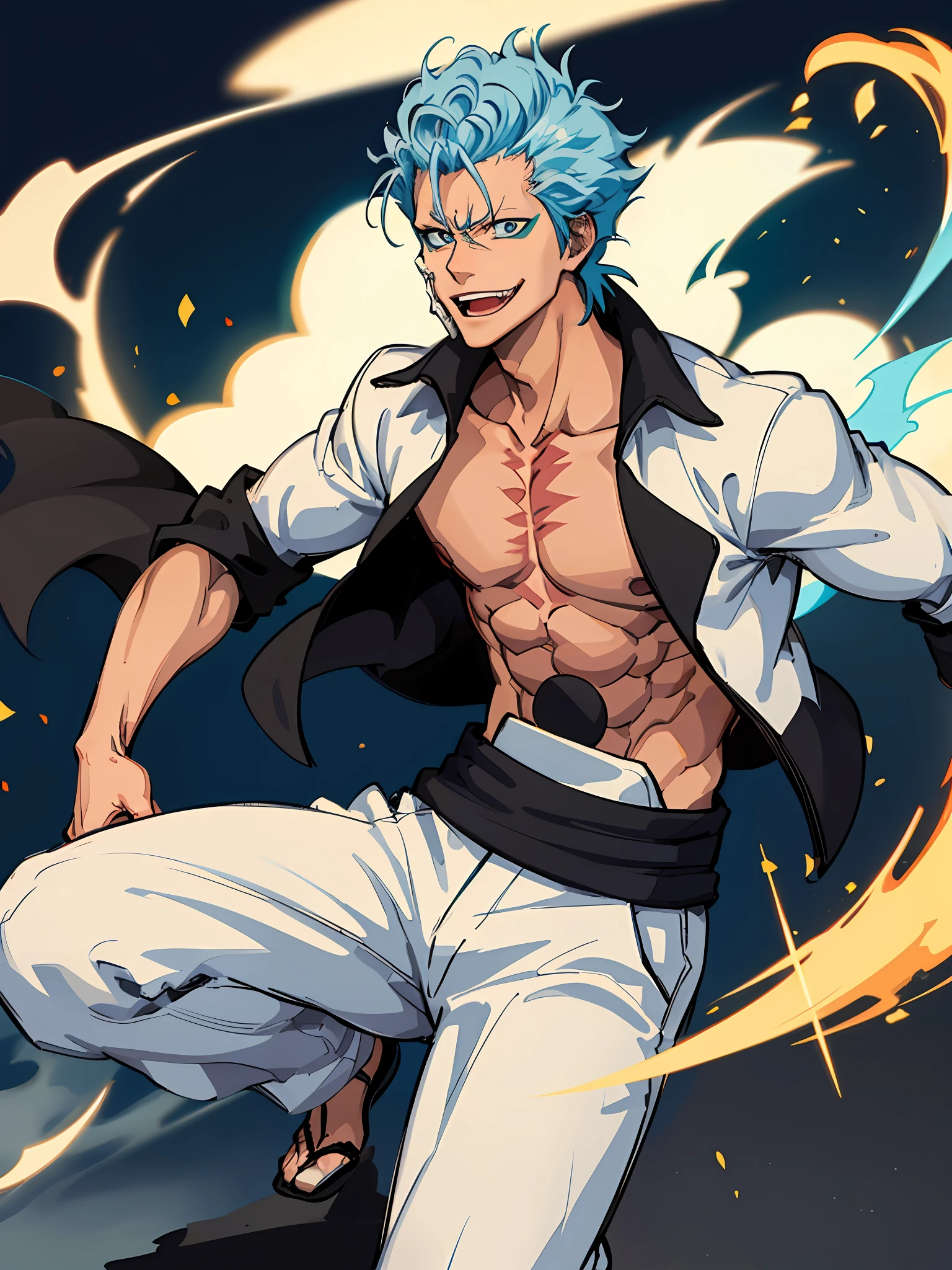 masterpiece, best quality, 1boy, grimmjow jaegerjaquez, at night, night, low light, natural light, fighting pose, white pants, white jacket, smiling with tongue out, damaged clothes, damaged skin, street, japanese street, low light, light rays, aura power, floating particles, doing a power, holding a katana, zanpakutou, angry eyes, angry face, smiling, looking ahead, male focus, strong muscles, movie composition, deth of field, bokeh