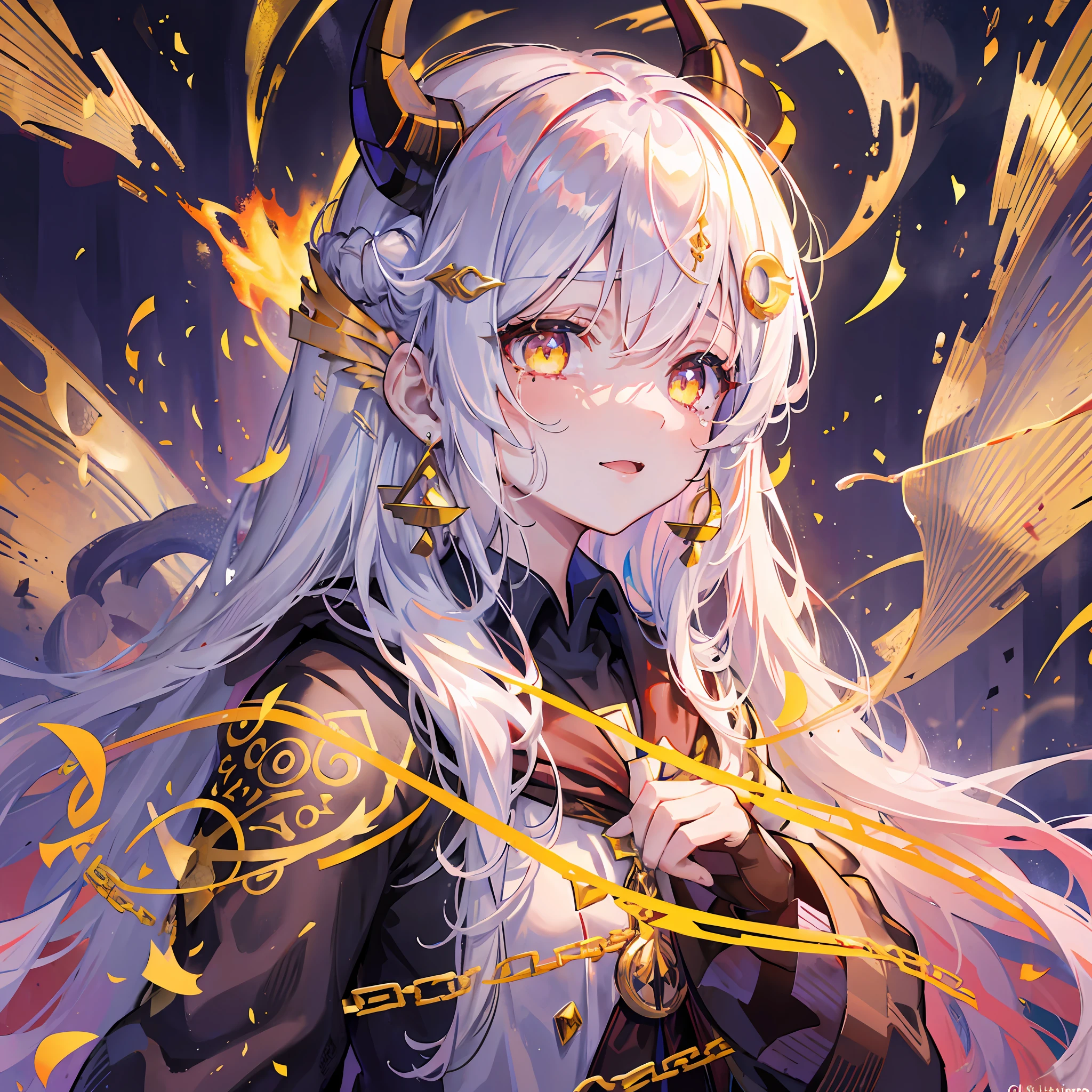 beautiful illustration, 1girl, crimson hair, long hair, yellow eyes, platinum hair ornament, crescent earrings, shouting, magic academy uniform, academy in background, fantasy, runes in air, glowing pupils, dragon horns, crying with eyes open, relieved smile, depth of field, cinematic lighting, glowing light, atmospheric perspective, close-up, UHD, masterpiece, best quality, highres