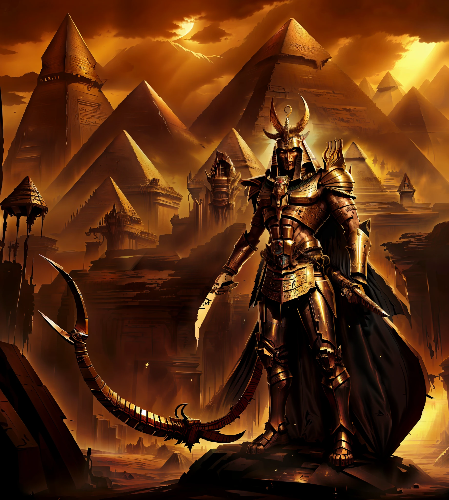 A man in armor standing in front of a pyramid with a sword - SeaArt AI