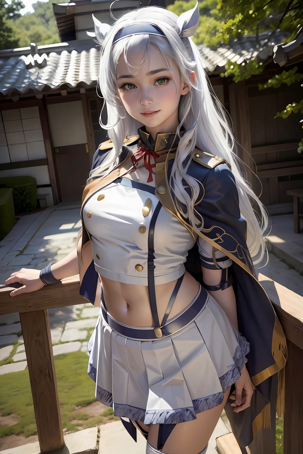 (masterpiece, best quality, ultra high res, (photo realistic:1.3), raw photo, expressive eyes, perfect face, beautiful girl, japanese girl, teen, young, 16, years old, smiling, Sistine fibel, sistineFibeldef, sistineFibelrnd, White hair, green eyes, capelet, crop top, gold trim, hair band, long hair, looking at viewer, midriff, miniskirt, navel, pleated skirt, shirt, skirt, stomach, white shirt, White skirt,