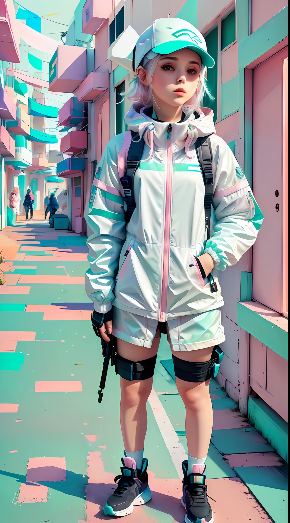 Weiß,totally Weiß,Pastellfarben,Schraffen,1 Mädchen mit Techwear-Kleidung,sexy,Papercute-Hintergrund