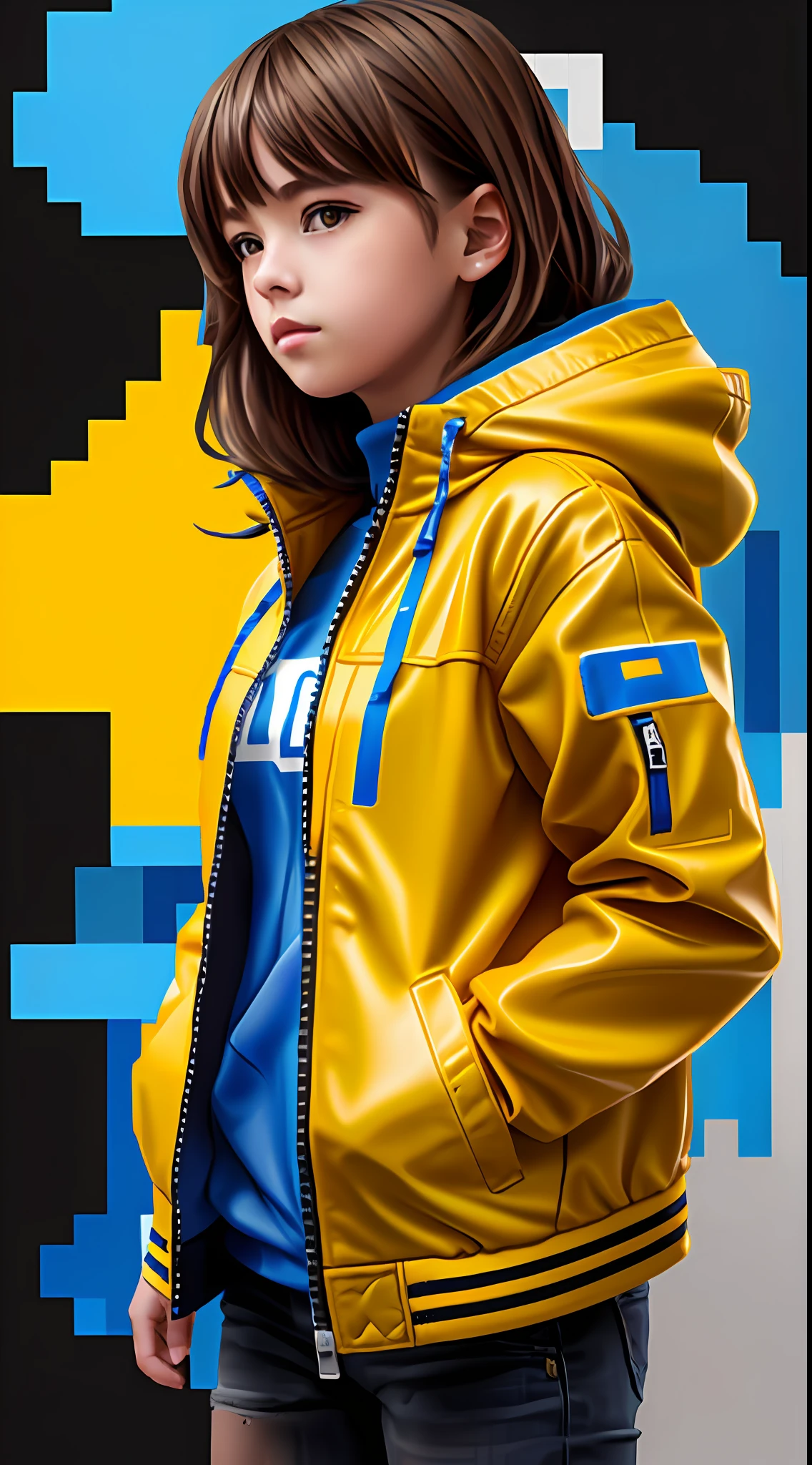 orange,yellow,blue1girl with jacket in pixel art,background made in pixel art