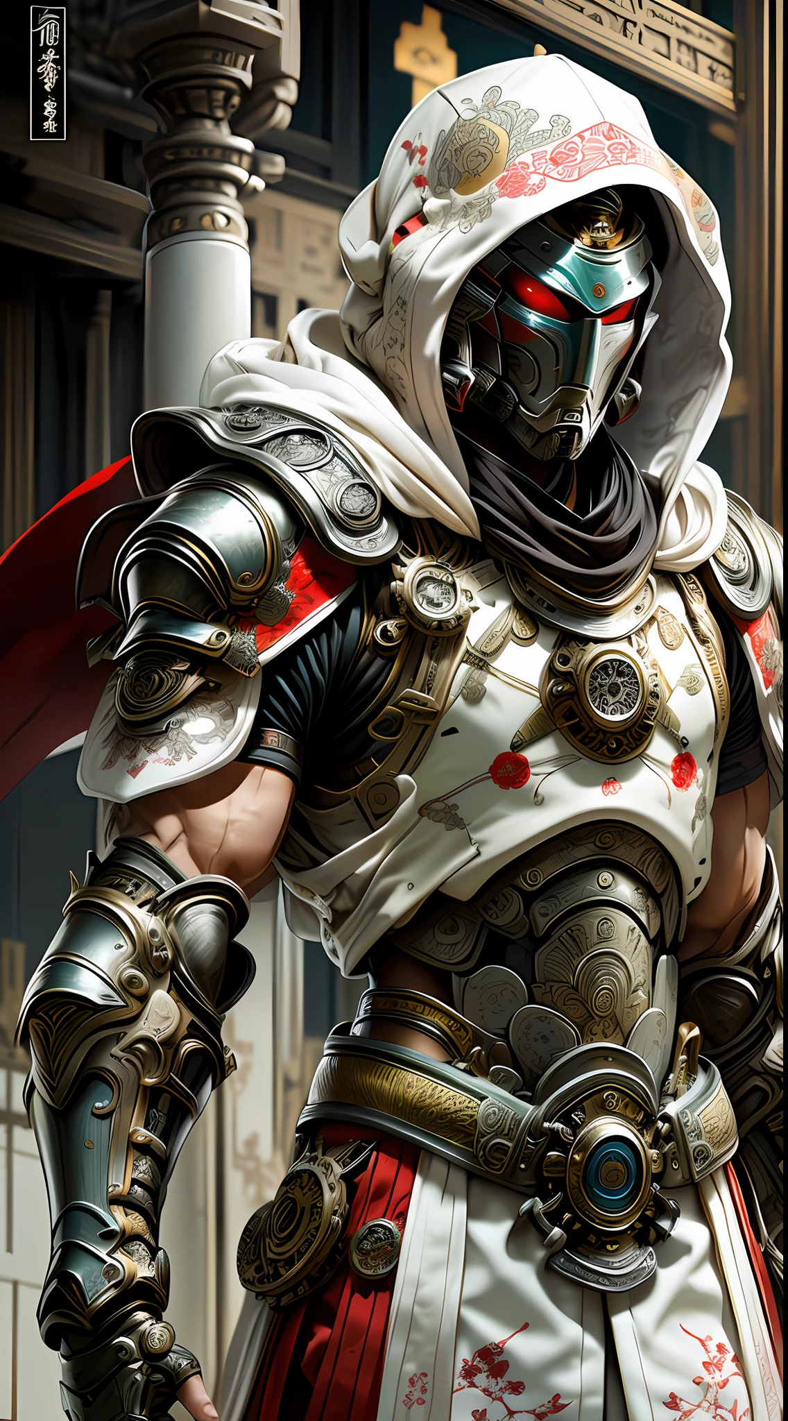 A futuristic samurai knight in white armor and oriental fabric clothing, hood and gears