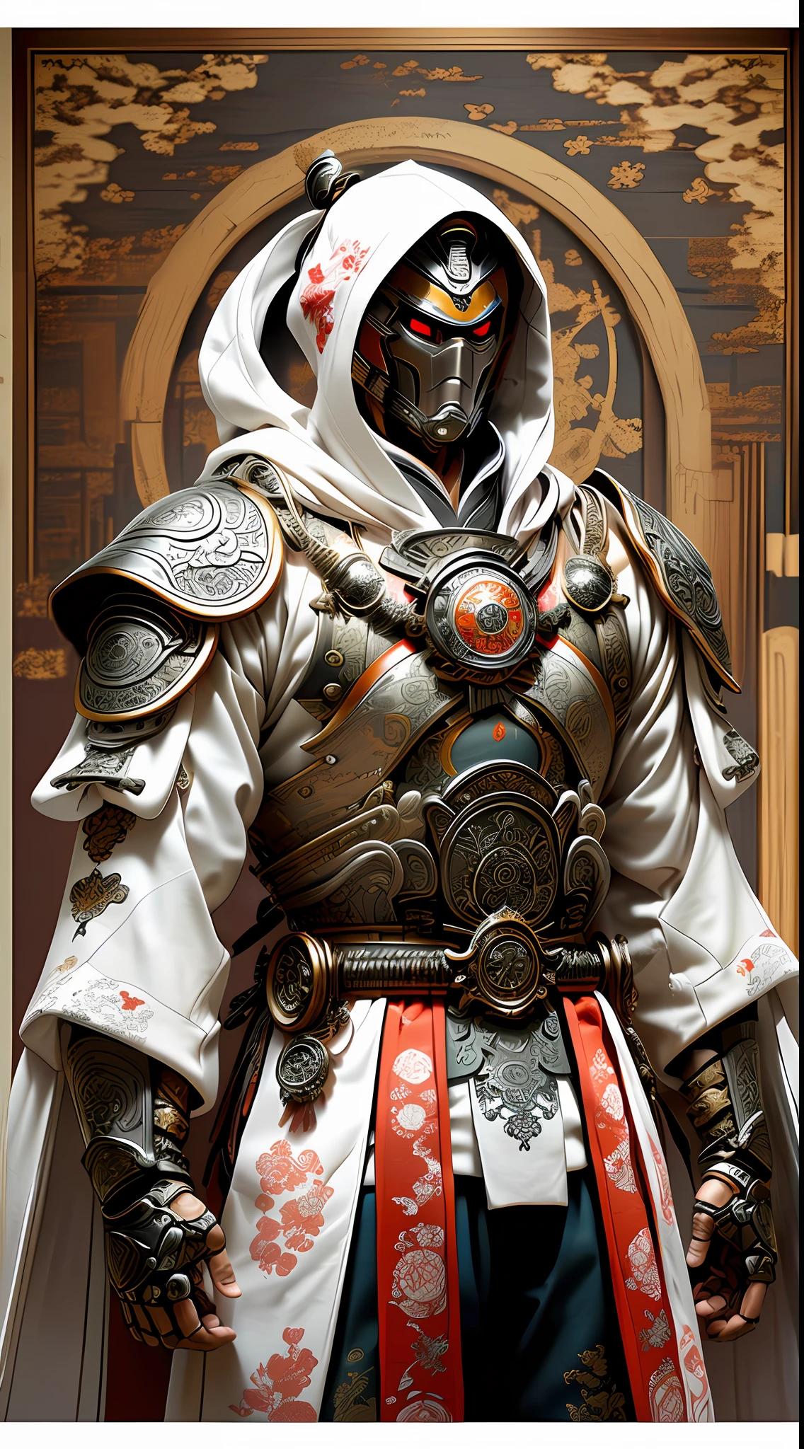 Футуристический рыцарь-самурай в белых доспехах и одежде из восточной ткани., капот и шестерни