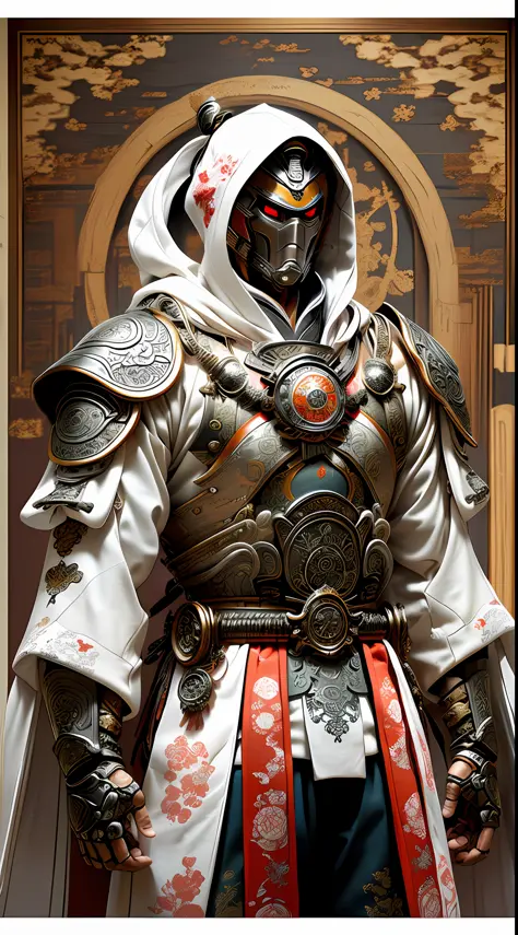 A futuristic samurai knight in white armor and oriental fabric clothing, hood and gears