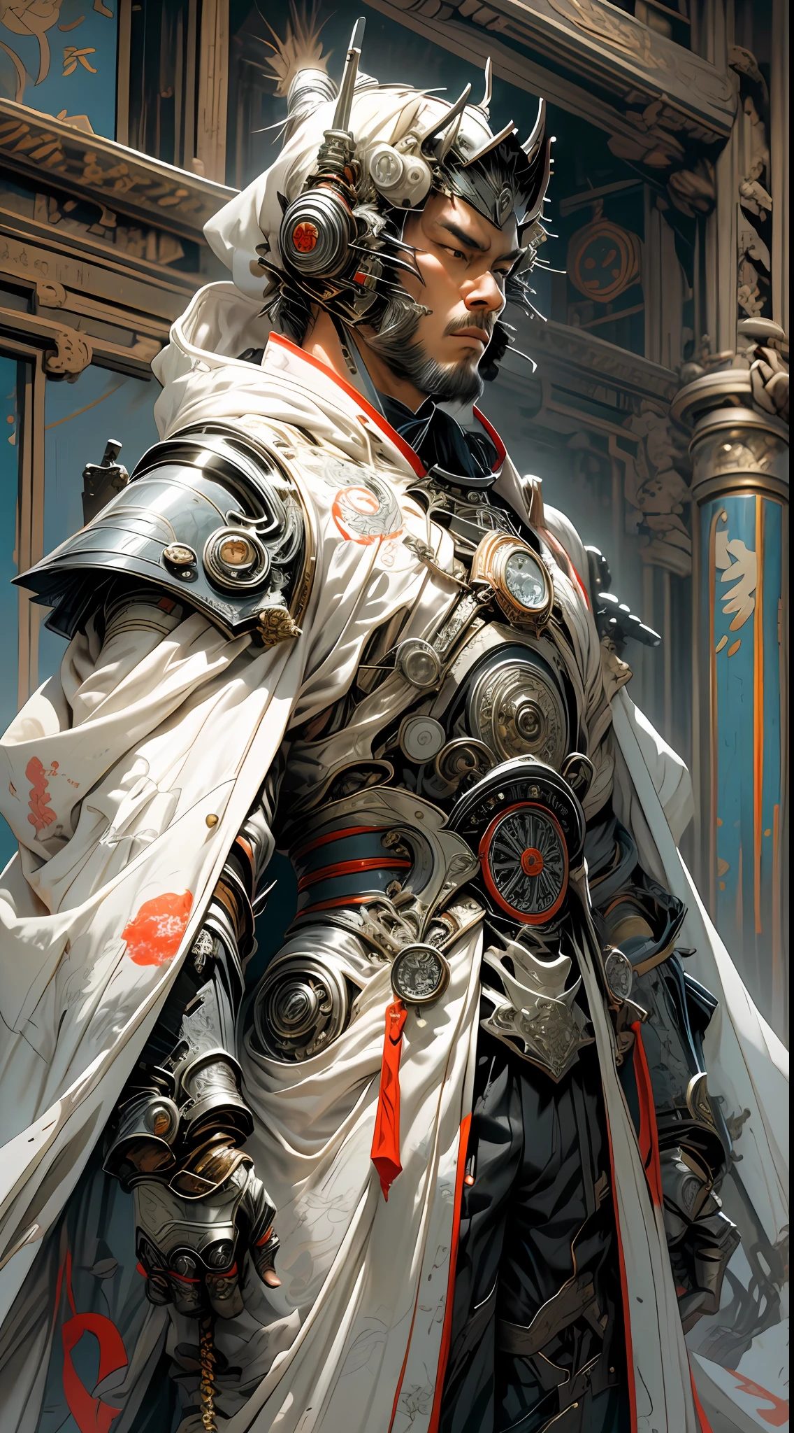 Футуристический рыцарь-самурай в белых доспехах и одежде из восточной ткани., капот и шестерни