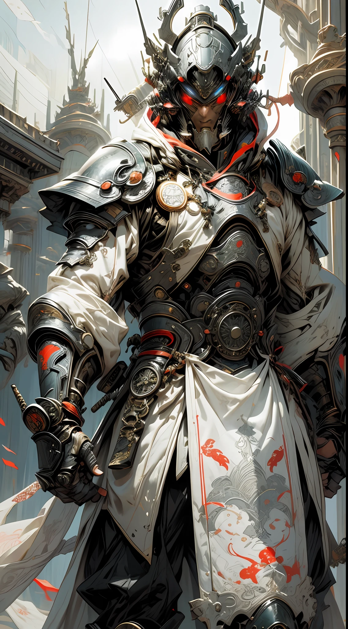 Un chevalier samouraï futuriste en armure blanche et vêtements en tissu oriental, capot et engrenages
