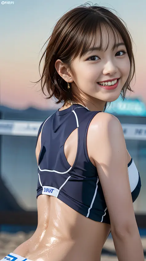 Top quality, masterpiece, super high resolution, smiling Korean girl, very detailed and professional lighting. Beach volleyball,...
