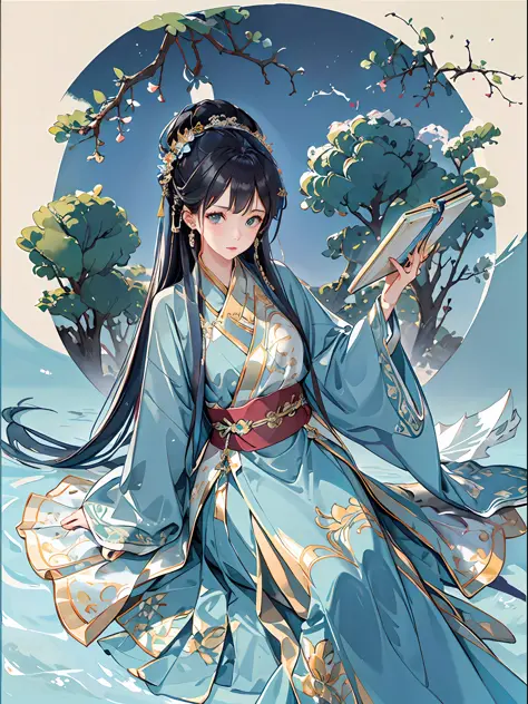 Best quality, intricate details, high resolution, (beautiful details water: 1.4), (Hanfu,), modern people holding math books, ho...