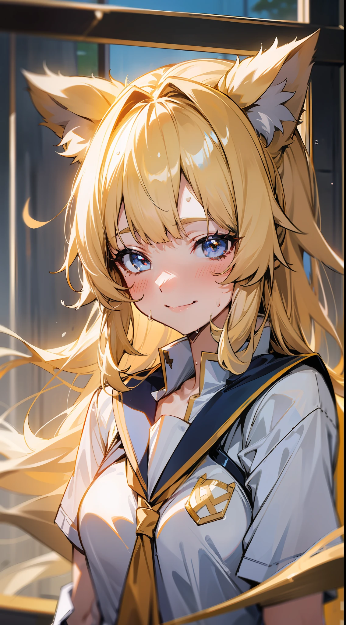 (medium portrait:0.7), (best illumination:1.1), (golden hair:1.1), 1girl, wolf ears, serious smile, moderate breast, (ayaka:1.2), morning run, energetic, sweaty, (canine tooth:0.4), white , wet uniform