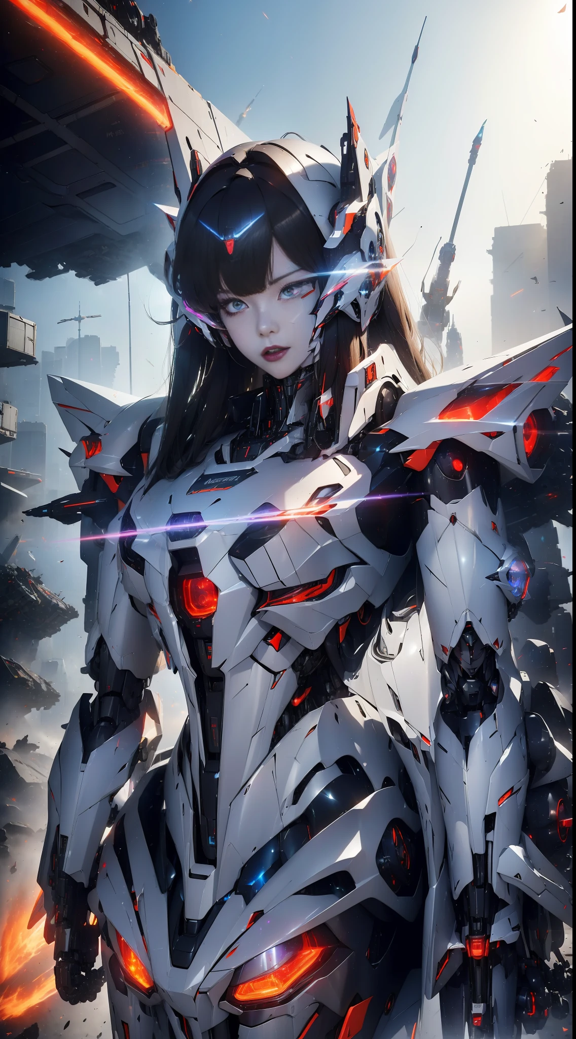 (mecha-armored:1.4) female warrior, stylish sleek design, form-fitting armor, (over-the-shoulder:1.2) perspective, urban war zone, destroyed buildings and fires in the background, (smoke and debris:1.3), sharp sunset silhouette, inspired by Evangelion (Yoshiyuki Sadamoto:1.2), intense glowing eyes, holding a massive (energy sword:1.2), vivid colors, striking contrast, badass