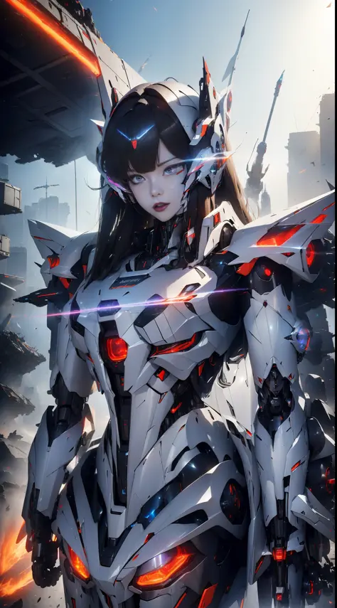 (mecha-armored:1.4) female warrior, stylish sleek design, form-fitting armor, (over-the-shoulder:1.2) perspective, urban war zon...