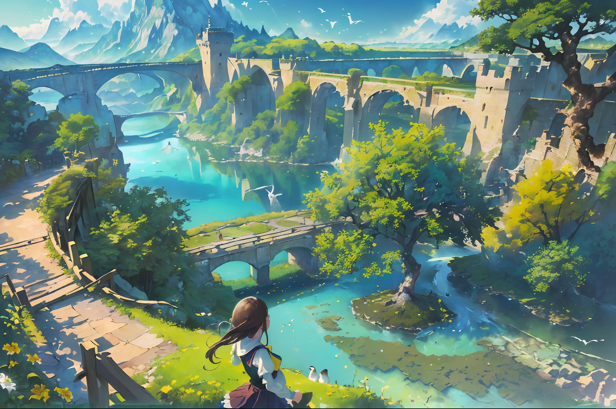 ((masterpiece,best quality,official art,unity 8k wallpaper, highres, (1girl:1.4),looking away,(breathtaking landscapes:1.2), natural wonders, serene vistas, outdoor exploration, (diverse ecosystems:1.2), scenic beauty, tree,castle,village,flowers,bridge,fence, (birds:1.2)