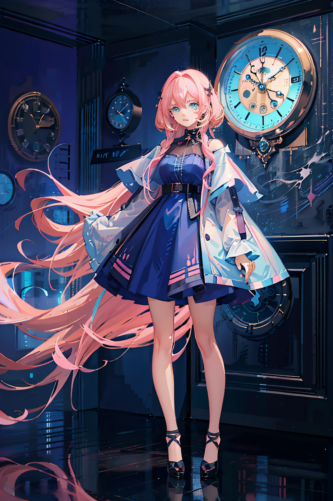 (超精細CGアニメ傑作, 4Kアニメスタイル) アニメの女の子と (長いピンクの髪+シアンの目) の前に立つ (エレガントな壁掛け時計)+(ぼやけた背景), 着用 (見事な青いドレス) 魅力的な魔法のオーラを放つ.