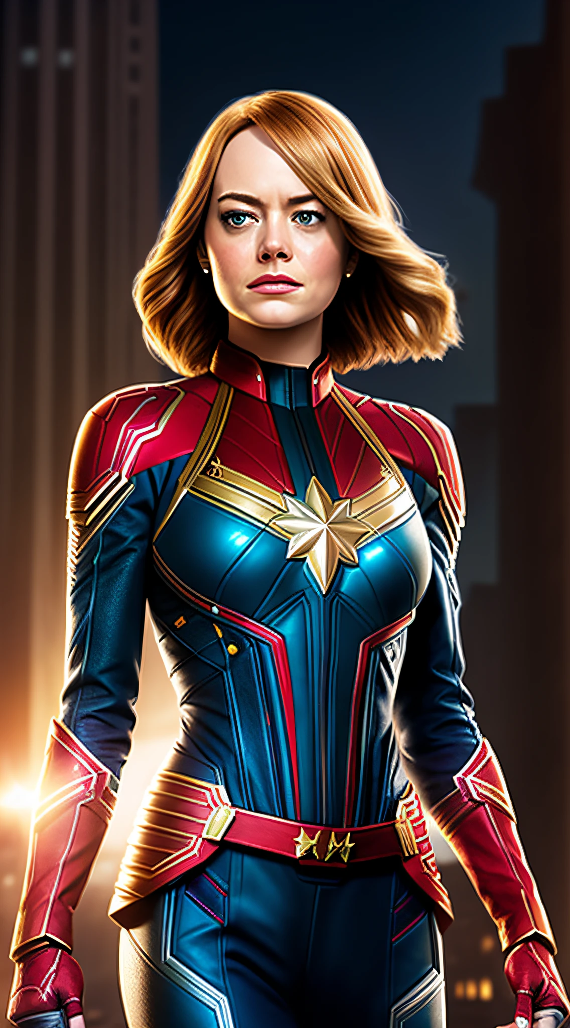 intricate details, emma stone, such as captain marvel, classic comic book outfit, featured face, a new york landscape at night, perfect features, dramatic, cinematic lighting, highlight lighting, SSAA, smooth rendering, no noise testing, social realism, realism, ray tracing, reflection light, high quality, high details, super detail, 8k, 16k, best quality