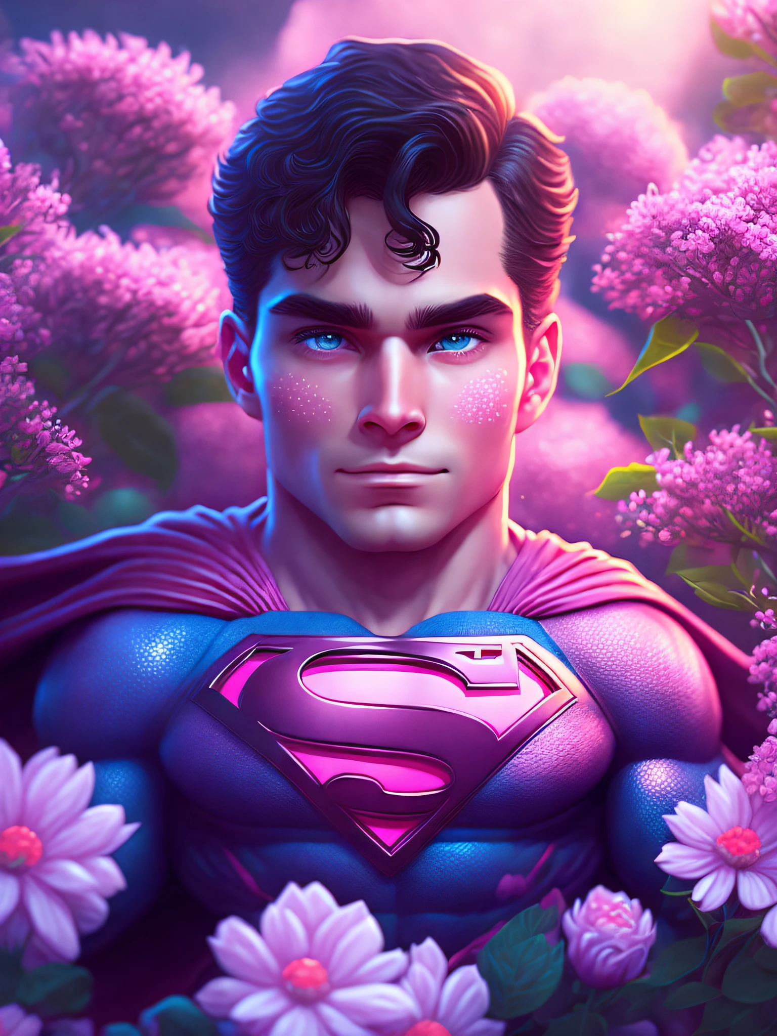 arte digital do apocalipse de neve de um super-homem fofo cercado por flores cor de rosa, luz do dia, intricado, Resolução 8K, super alta qualidade, luz cinematográfica, elegante, Altamente detalhado, centrado, pintura digital, estação de arte, arte conceitual, suave, foco nitído