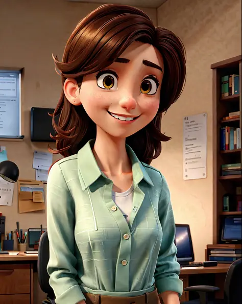 off-mode,,a waist-high portrait of a young woman in an office shirt, smile, office, natural skin texture, 4k textures, hdr, intricate, highly detailed, sharp focus, cinematic visual, hyper-detailed