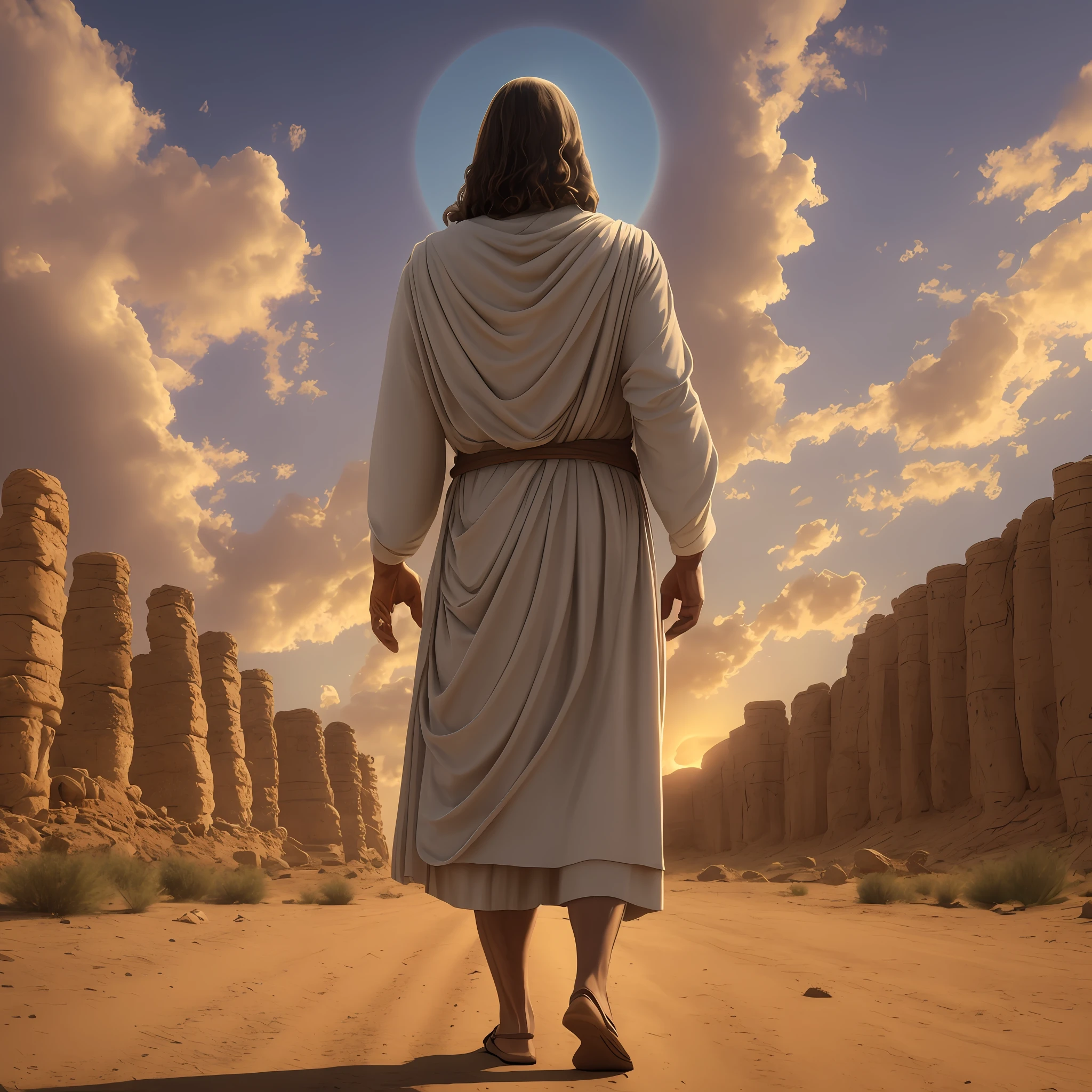 Jesus walking in the distance, on his back in the desert, at dusk, in clothes of the time of Christ, without accessories, realistic image, 4k, humble appearance, 16:9, ancient image, clouds in the sky --auto --s2