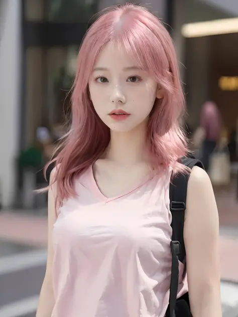 a close up of a person with a pink shirt and a backpack, pastel pink skin tone, korean girl, flowing pink hair, beautiful south ...