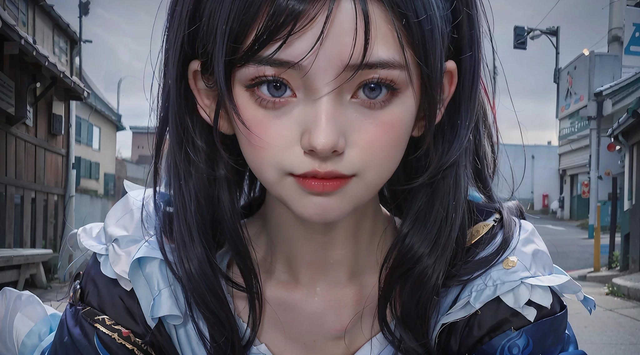 anime girl with long black hair and blue eyes in a city, detailed portrait of anime girl, detailed digital anime art, stunning anime face portrait, artwork in the style of guweiz, beautiful anime portrait, portrait anime girl, guweiz on artstation pixiv, guweiz on pixiv artstation, digital anime illustration, anime girl portrait