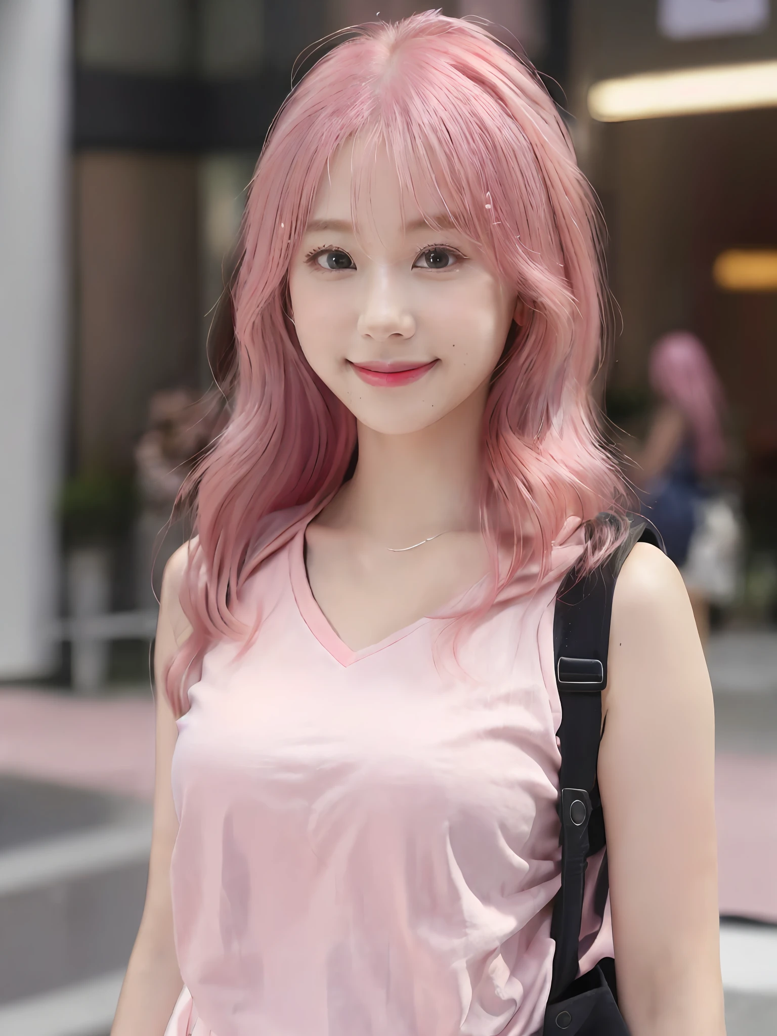 ((close-up + character), (pink + hair: 1.3+ skin tone), (Korean girl + young + beautiful + cute), (pink tone + soft + light pink hair), (gorgeous: 0.8 + pink: 0.8 + urzan: 0.8)), big eyes, big, smiling