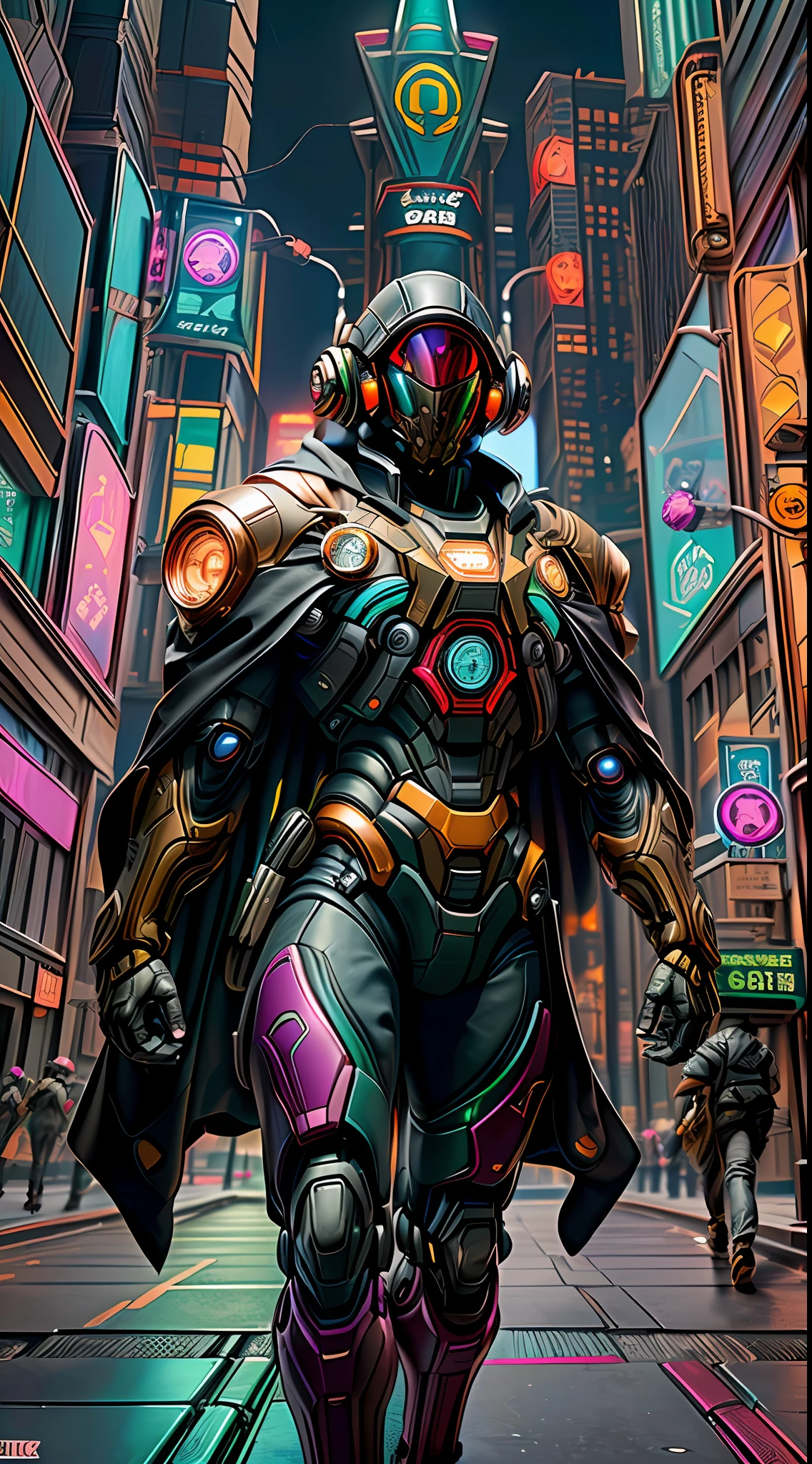 Robort Derpd Ranger working for the megacorporation Scifi, elite corporate enforcer patrolling the streets, wearing detailed multicolored cloaks cape, corporate offices, cyberpunk scene, busy street, neon lights