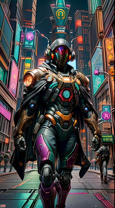 robort derpd ranger working for the megacorporation scifi, elite corporate enforcer patrolling the streets, wearing detailed mul...