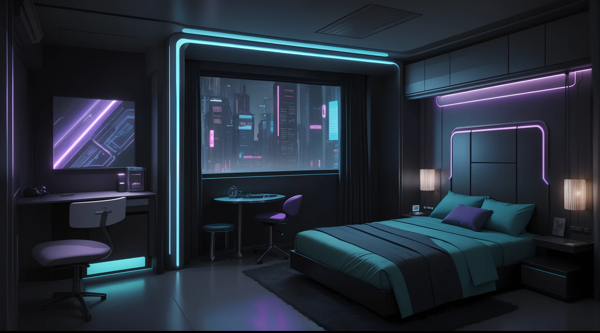 there is a bedroom with a bed and a chair in it, futuristic room, futuristic room background, cozy 9 0 s bedroom retrofuturism, futuristic decor, retro futuristic apartment, futuristic interior, cyberpunk teenager bedroom, galaxy themed room, futuristic decoration, cyberpunk childrens bedroom, cyberpunk apartment, futuristic ambiance, the cyberpunk apartment, in a cyberpunk themed room, futuristic looking living room