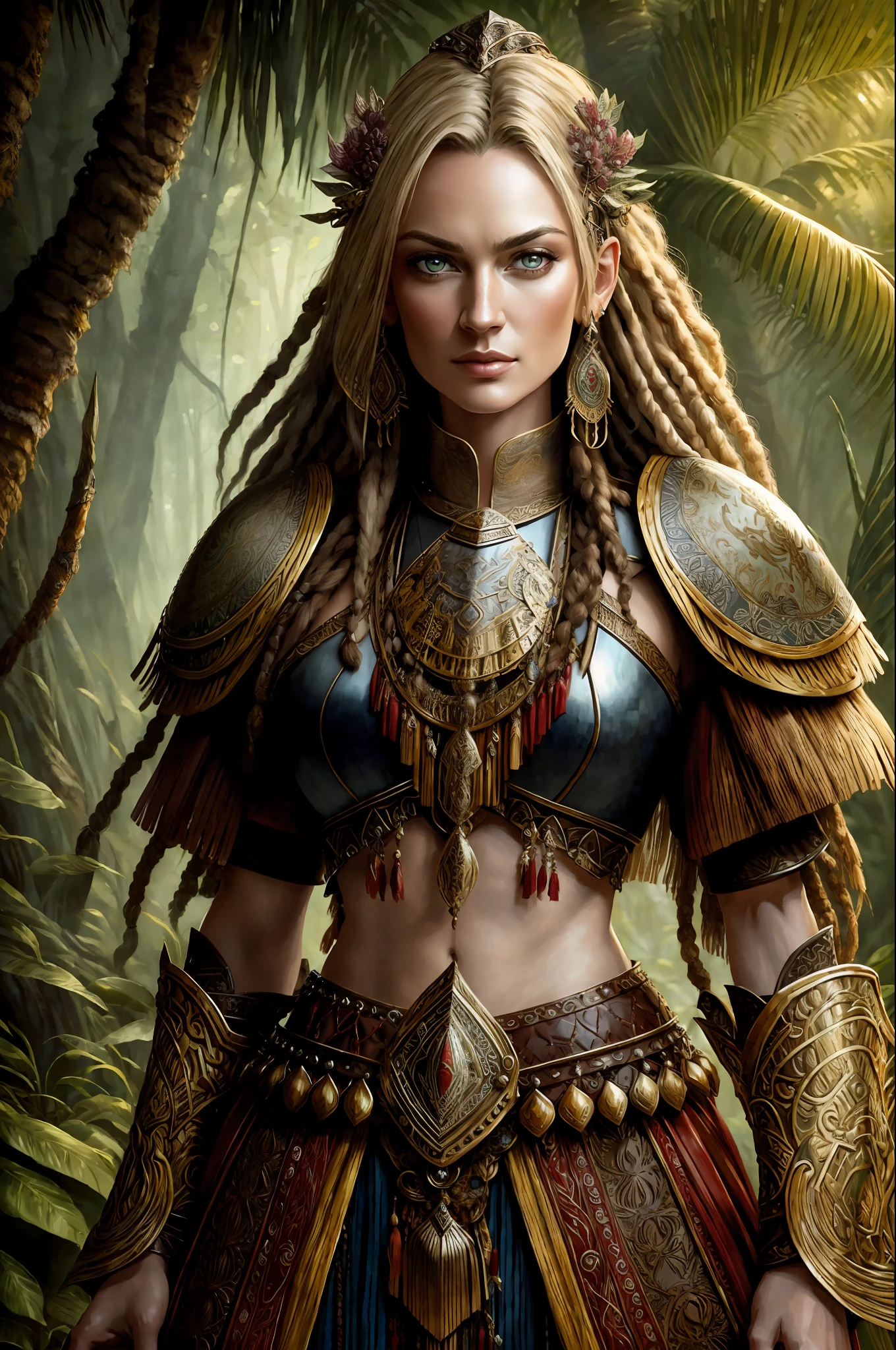 Yvonne strahovski fantasy shaman, beautiful Hungarian woman | Indonesian, with dreadlocks, wearing intricately decorated leather armor, realistic rendering, Dungeons and Dragons, Fantasy, octane rendering, zbrush. Character design, photorealistic, unreal, hyper-detailed mechanism, concept art, trend in the art station. ((best quality)), ((masterpiece)), ((realistic)), (detailed), close-up portrait, full-length portrait, brown eyes, wearing leather armor, highly detailed skin and hair, looking at the viewer, Fancy art, stunning gradient colors, signature no watermark, closed mouth, detailed background, lush jungle, closed mouth, incredibly detailed, ((masterpiece)), absurdities, HDR.