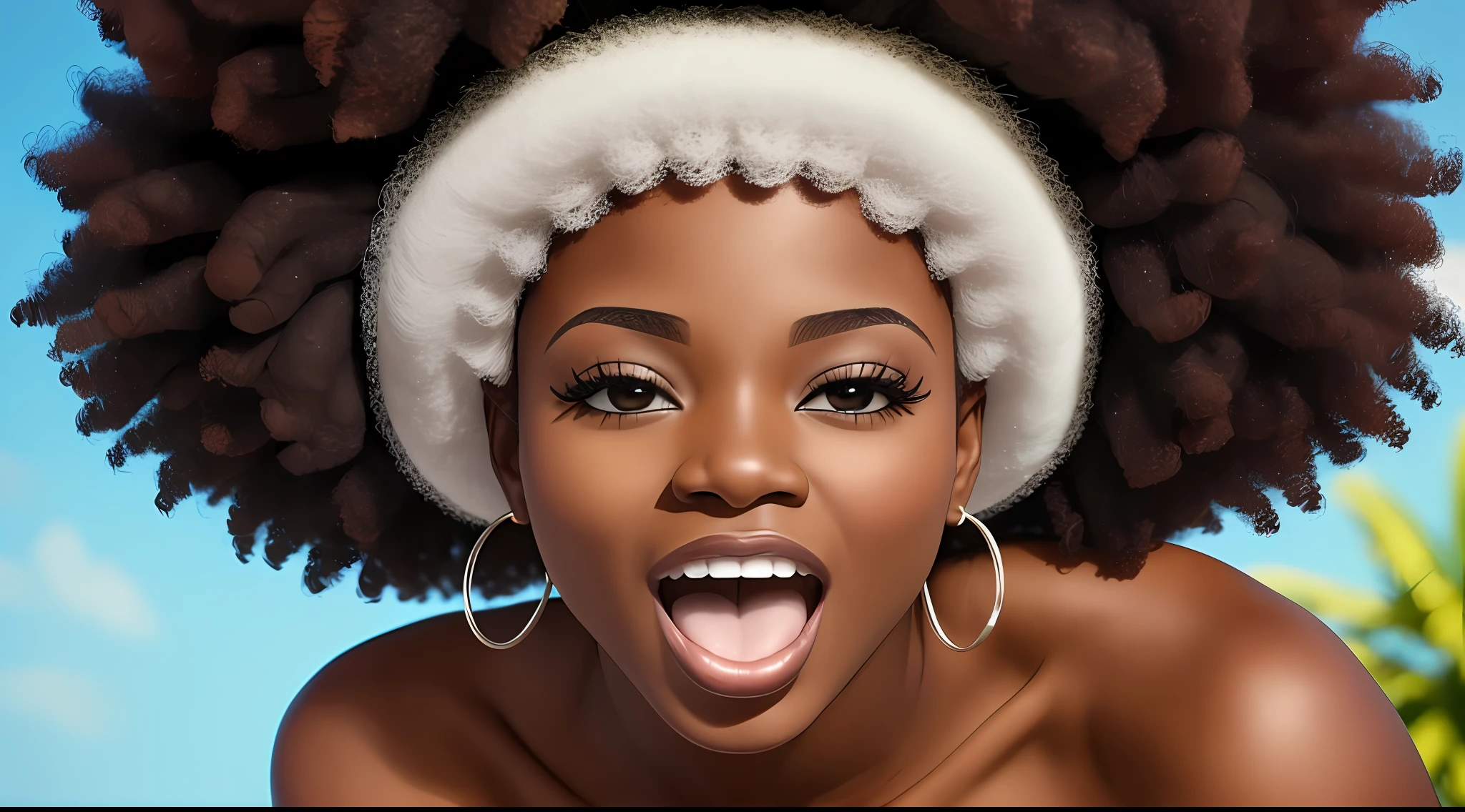 A close up of a woman with a big afro with her mouth open - SeaArt AI