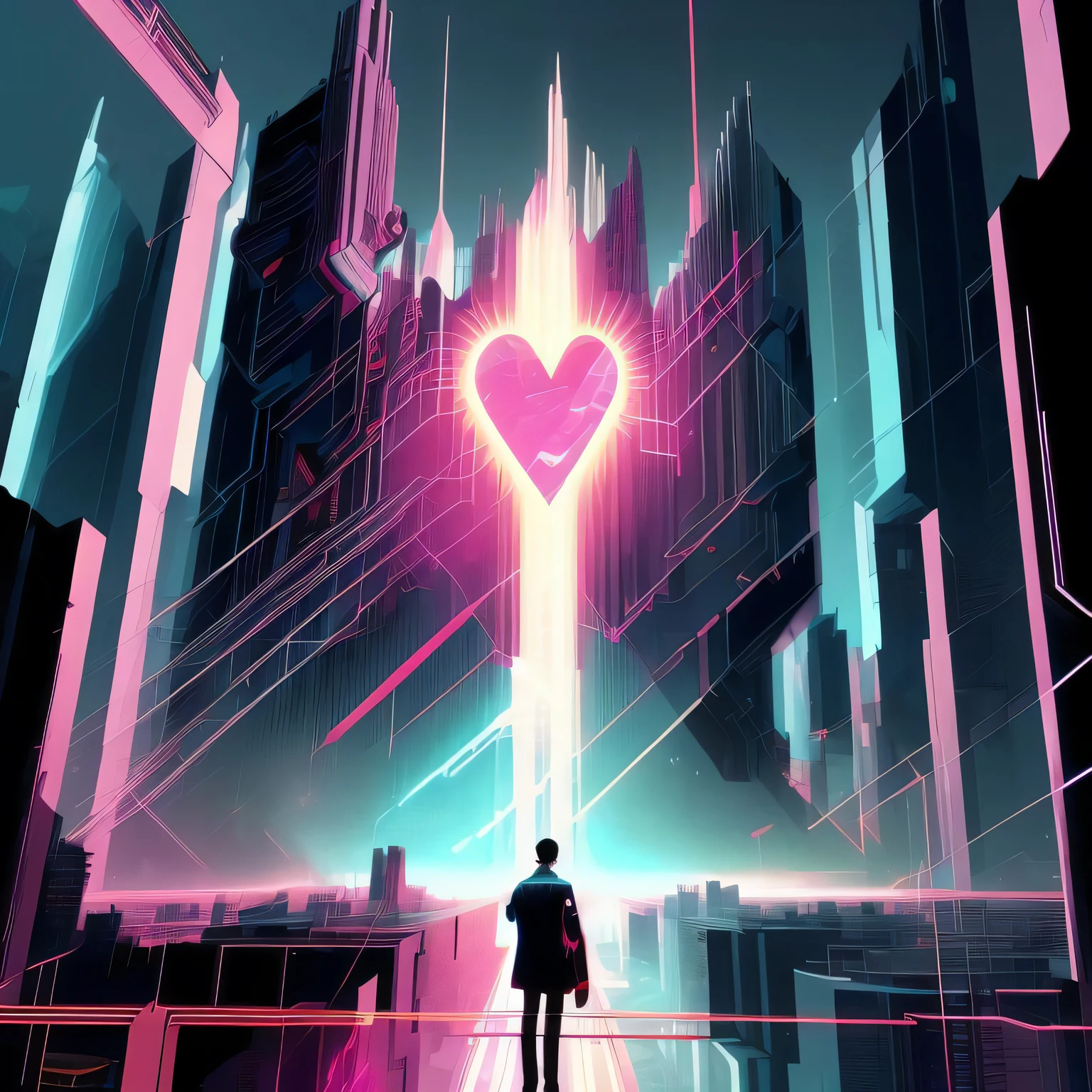 a digital rendering of a city landscape, heart on a building, cyberpunk city, poster art by Thomas Aquinas Daly , [:anime line art:0.2], Crystal and Energy and Light themed, epic splash art , plasticien, , abstract