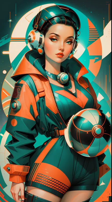 retro scifi art,vintage,1pinup girl with techwear clothes,simple geometric and spherical shapes in the background