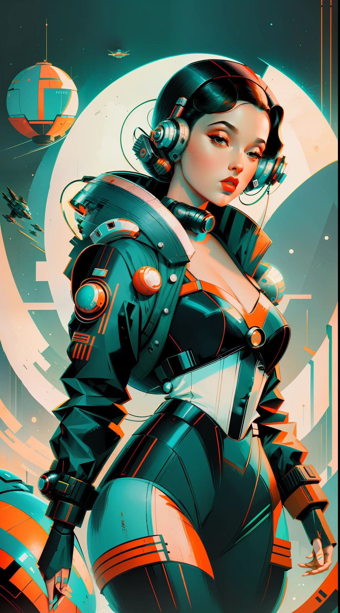 arte de ficção científica retrô,vintage,Garota 1pinup com roupas techwear,formas geométricas e esféricas simples no fundo