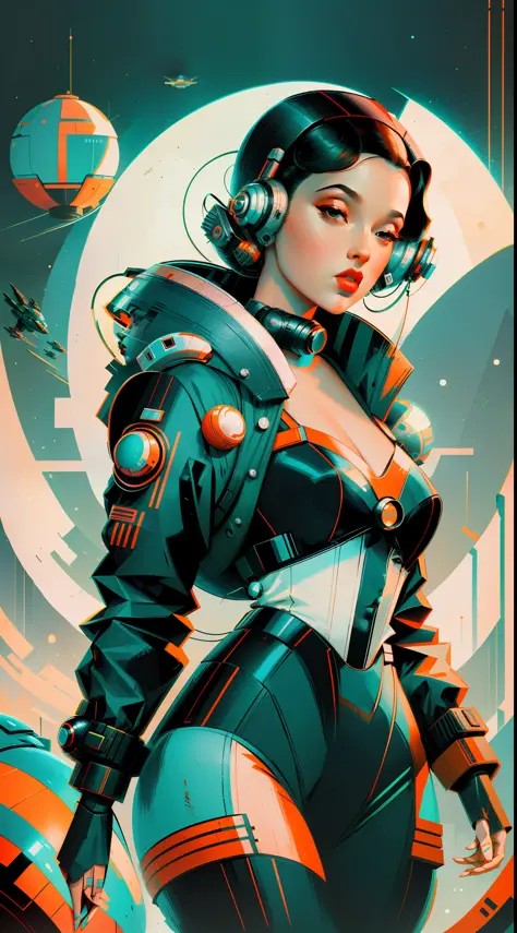 retro scifi art,vintage,1pinup girl with techwear clothes,simple geometric and spherical shapes in the background