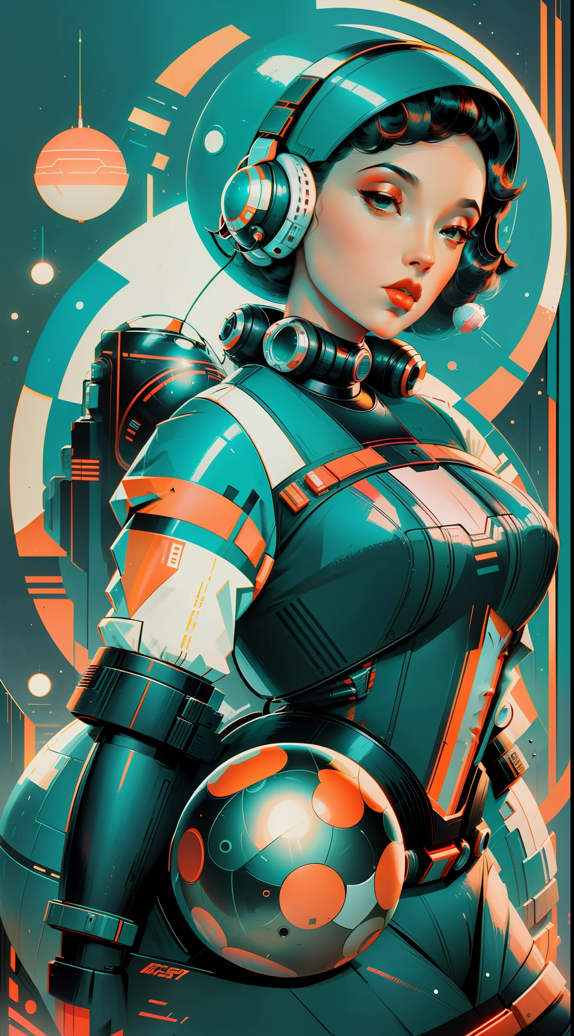 Retro-SciFi-Kunst,Jahrgang,1Pinup-Girl mit Techwear-Kleidung,einfache geometrische und sphärische Formen im Hintergrund