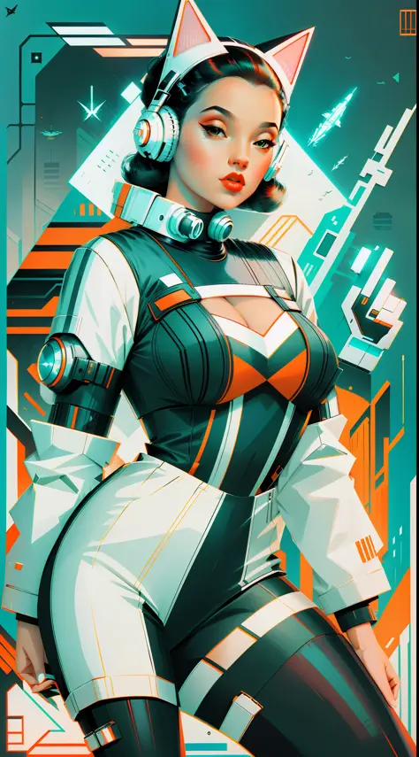 retro scifi art,vintage,1pinup girl with very white techwear clothes,cat,geometric shapes and simple stripes on background