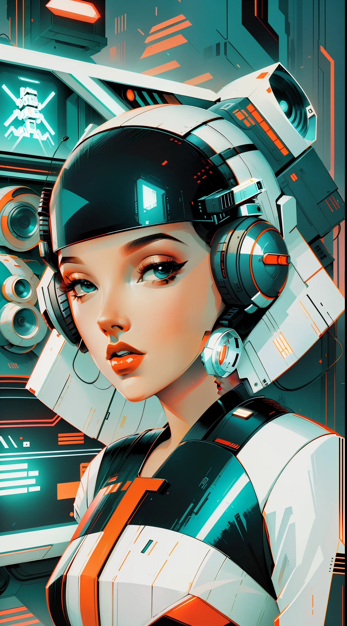 復古科幻藝術,优质的,1 個身穿白色高科技服裝的海報女孩,1個機器人,背景中的各種舊電視,背景中的几何形状和简单条纹