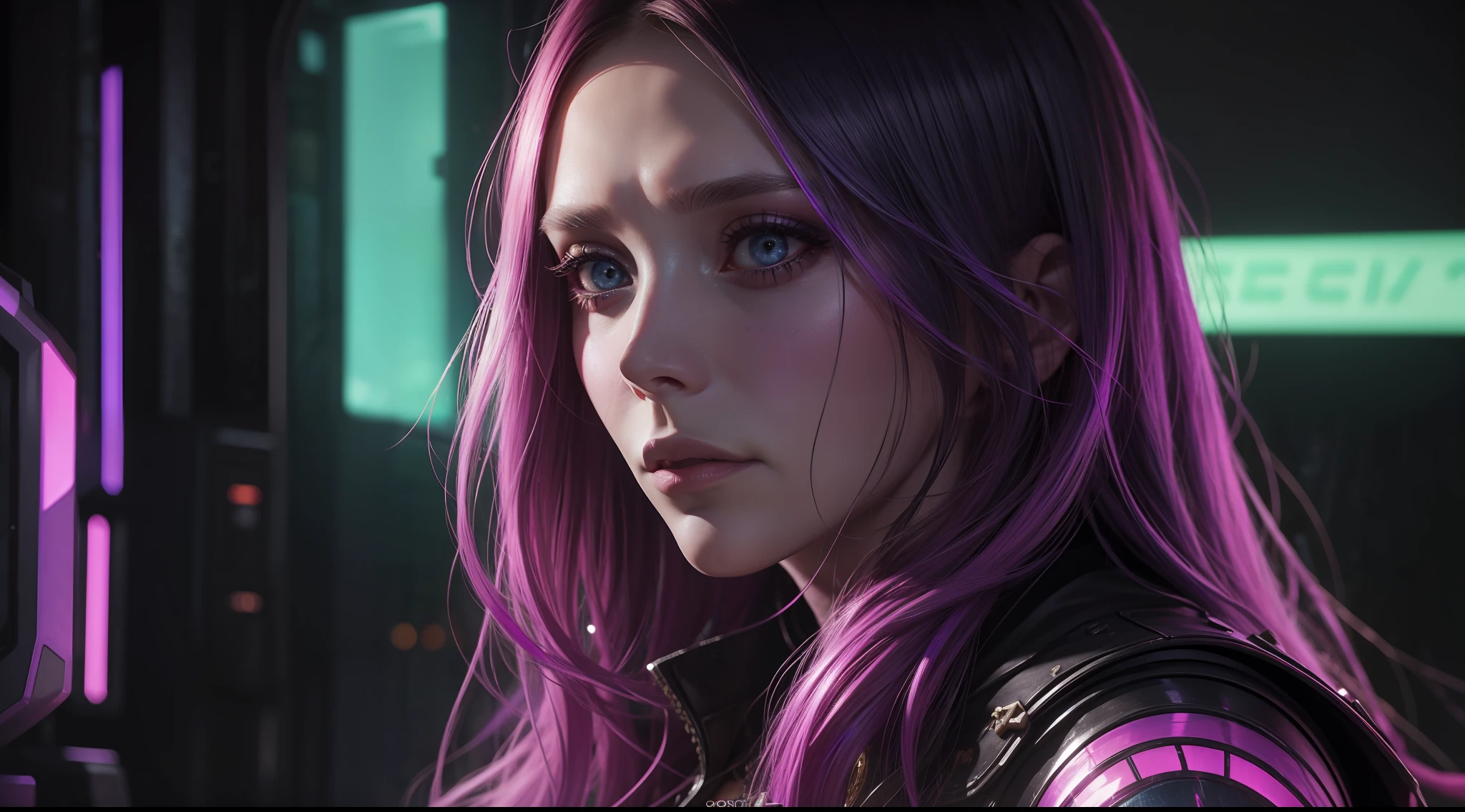 A woman with purple hair and a black jacket looks at the camera - SeaArt AI