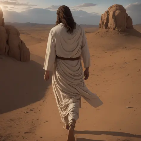 Jesus walking in the distance, on his back in the desert, at dusk, in Christ-time clothes, no accessories, realistic image, 4k, ...