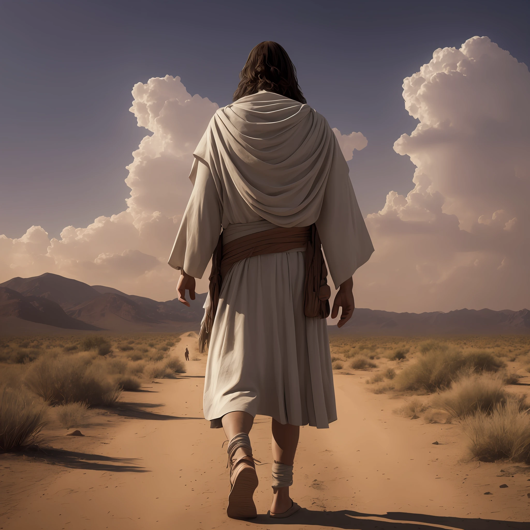 Jesus walking in the distance, on his back in the desert, at dusk, in Christ-time clothes, no accessories, realistic image, 4k, humble appearance, 16:9, old image, clouds in the sky, zoom out --auto --s2