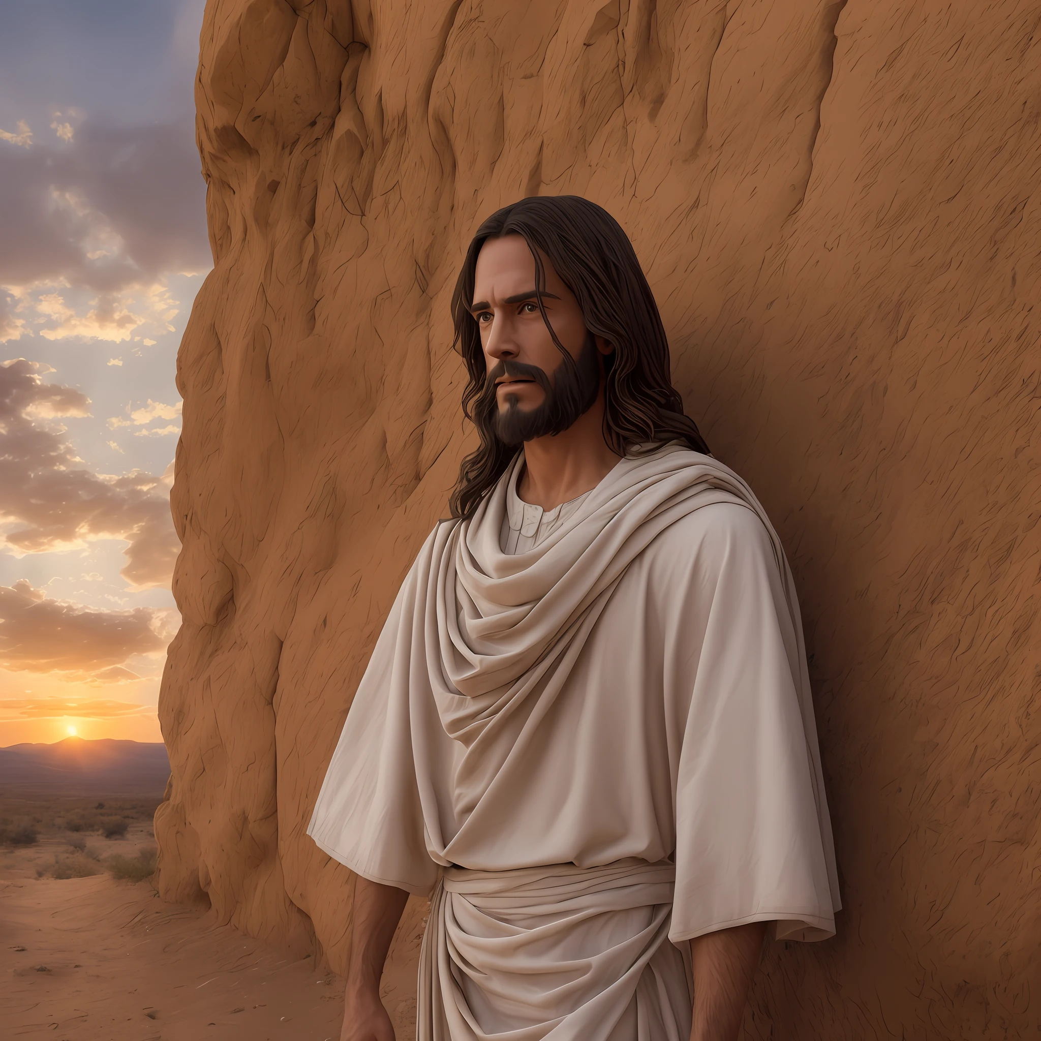 Jesus walking in the distance, on his back in the desert, at dusk, in Christ-time clothes, no accessories, realistic image, 4k, humble appearance, 16:9, old image, clouds in the sky, zoom out --auto --s2