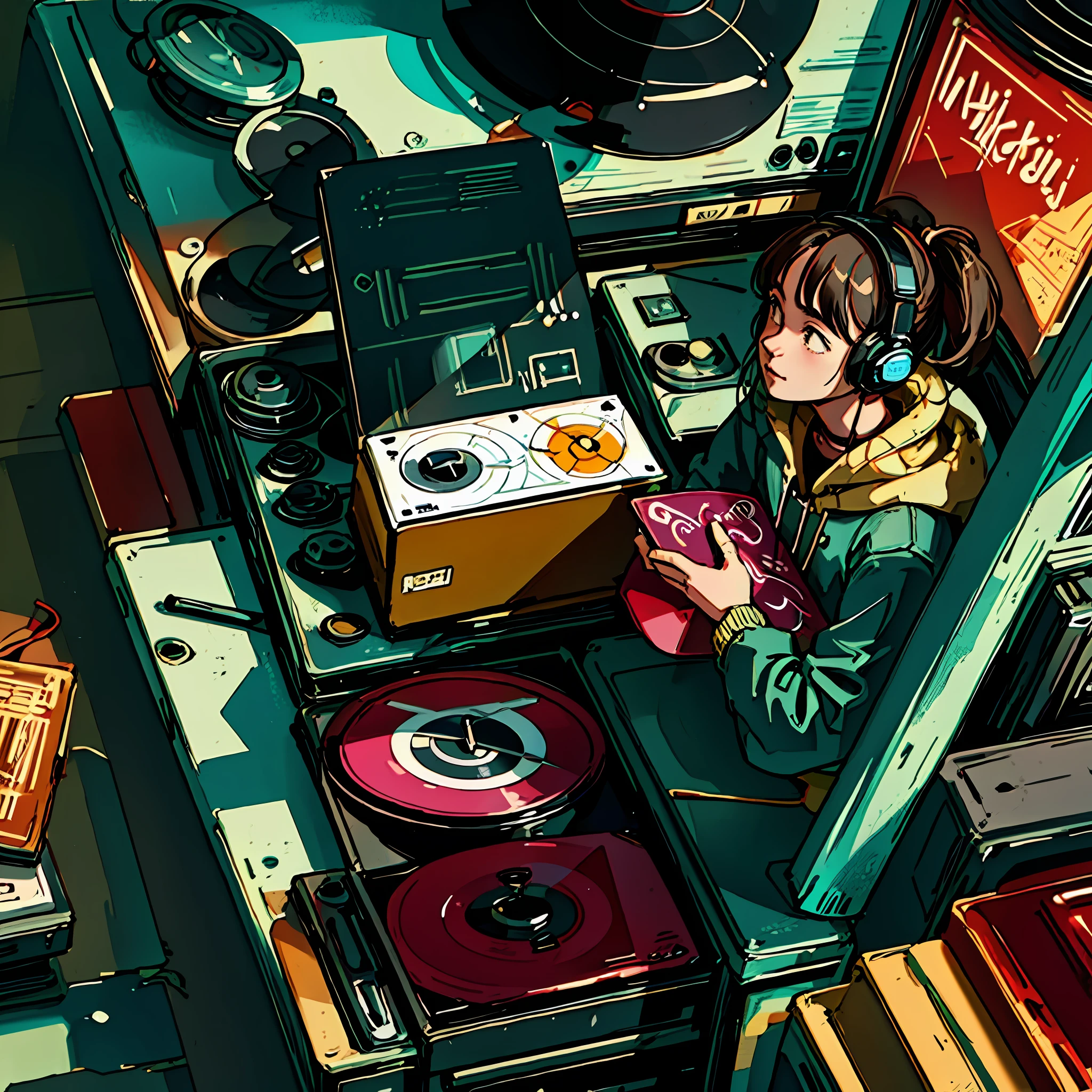 (longshot), wideshot, (film noise), old cartoon, (lots of records:1.3), vinyl record shop, (masterpiece, highest quality, highest quality, official art, beautiful and aesthetic: 1.2), (woman listening to music with 1 headphones), very detailed, (fractal art: 1.4), supreme detail, guitar, (notes: 1.4), ( lo-fi hip-hop), side view, old anime texture, solo, loudspeaker, cyberpunk, vinyl