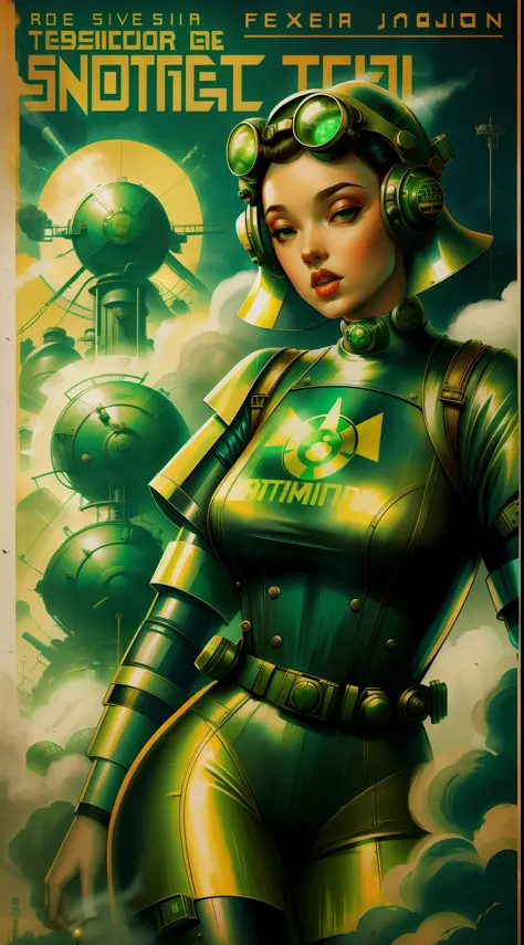 retro scifi art,vintage,poster,fashion,1pinup girl with protective clothing against radioactivity,toxic,green fog,vintage,danger