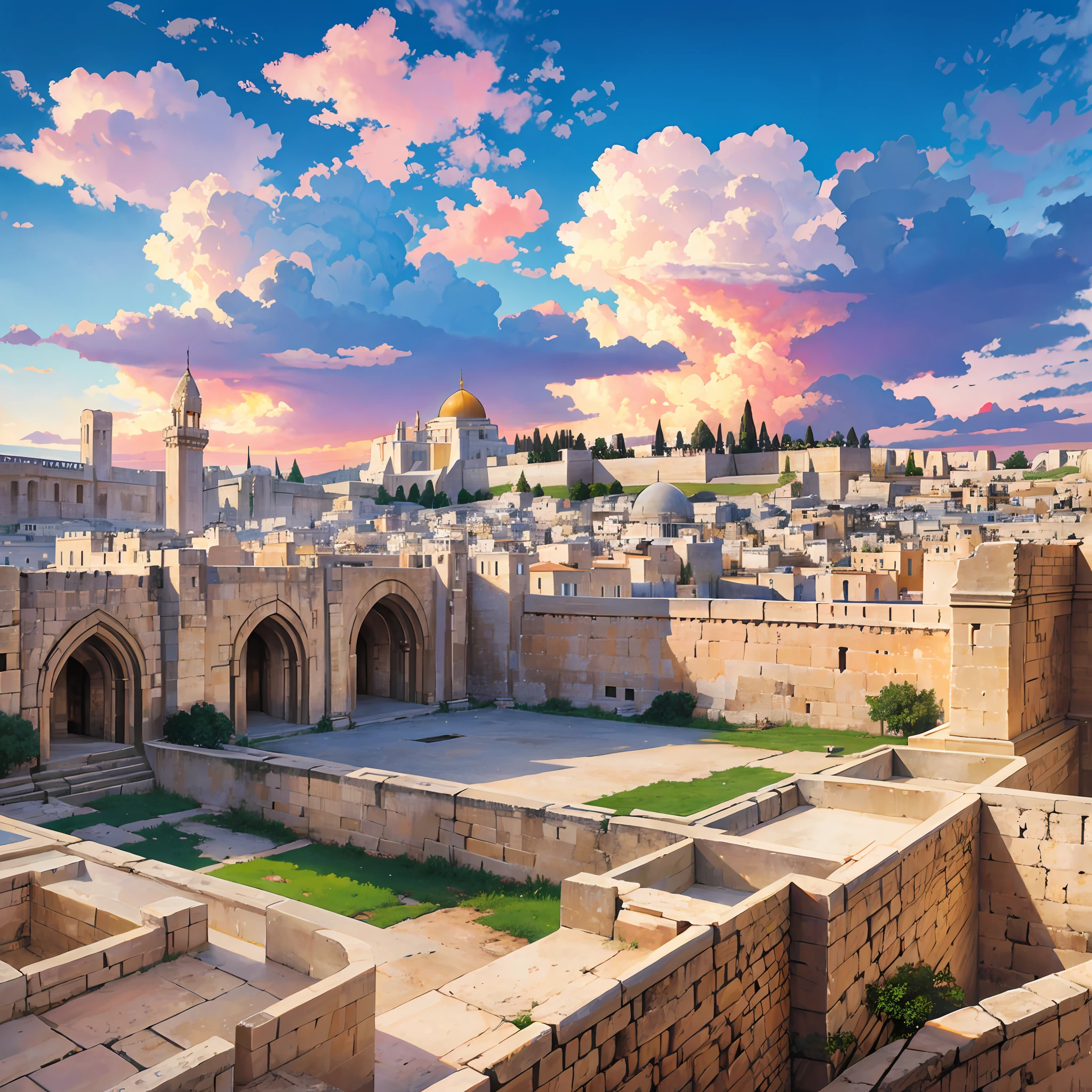 고대 예루살렘, 그리스도 시대부터, 현실적인 이미지, 구름이 있는 하늘, 16:9, 4k --자동 --s2