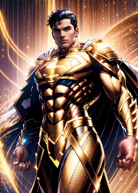 Golden Superman, shimmering golden costume with Pearly White, (extremely detailed 8k CG unit wallpaper, Golden uniform, gold gol...